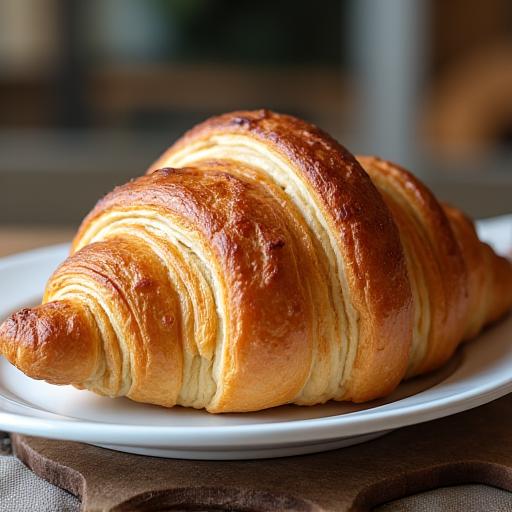 A golden-brown artisanal croissant on a serving plate.