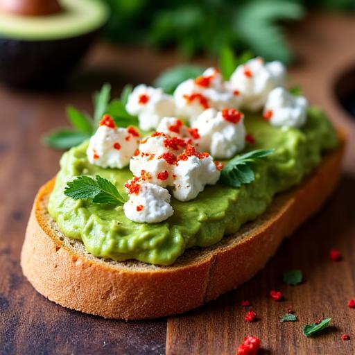 An open-faced avocado smash tartine sandwich on a wooden board.